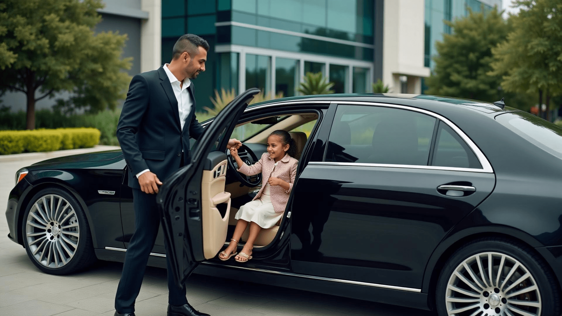 Elegant Arabian/Turkish family seated in a premium chauffeur-driven car